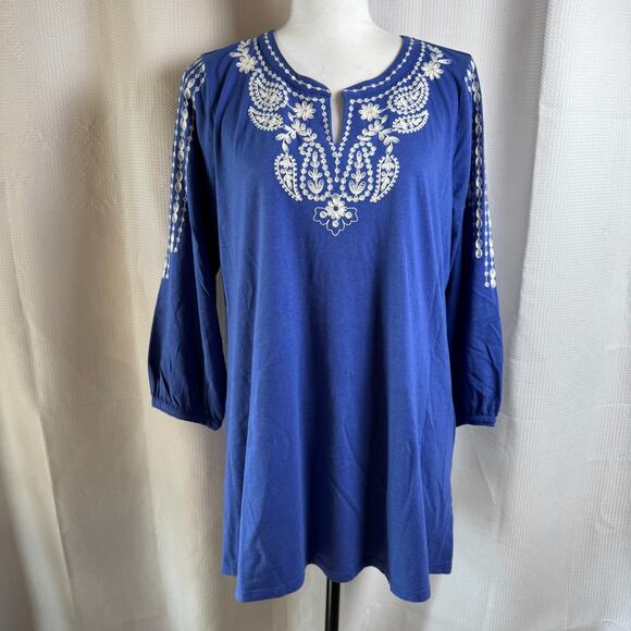 NWT J.Jill Embroidered Womens Size M Azul Blue Cream Tunic Top Soft Boho Chic - Picture 1 of 10